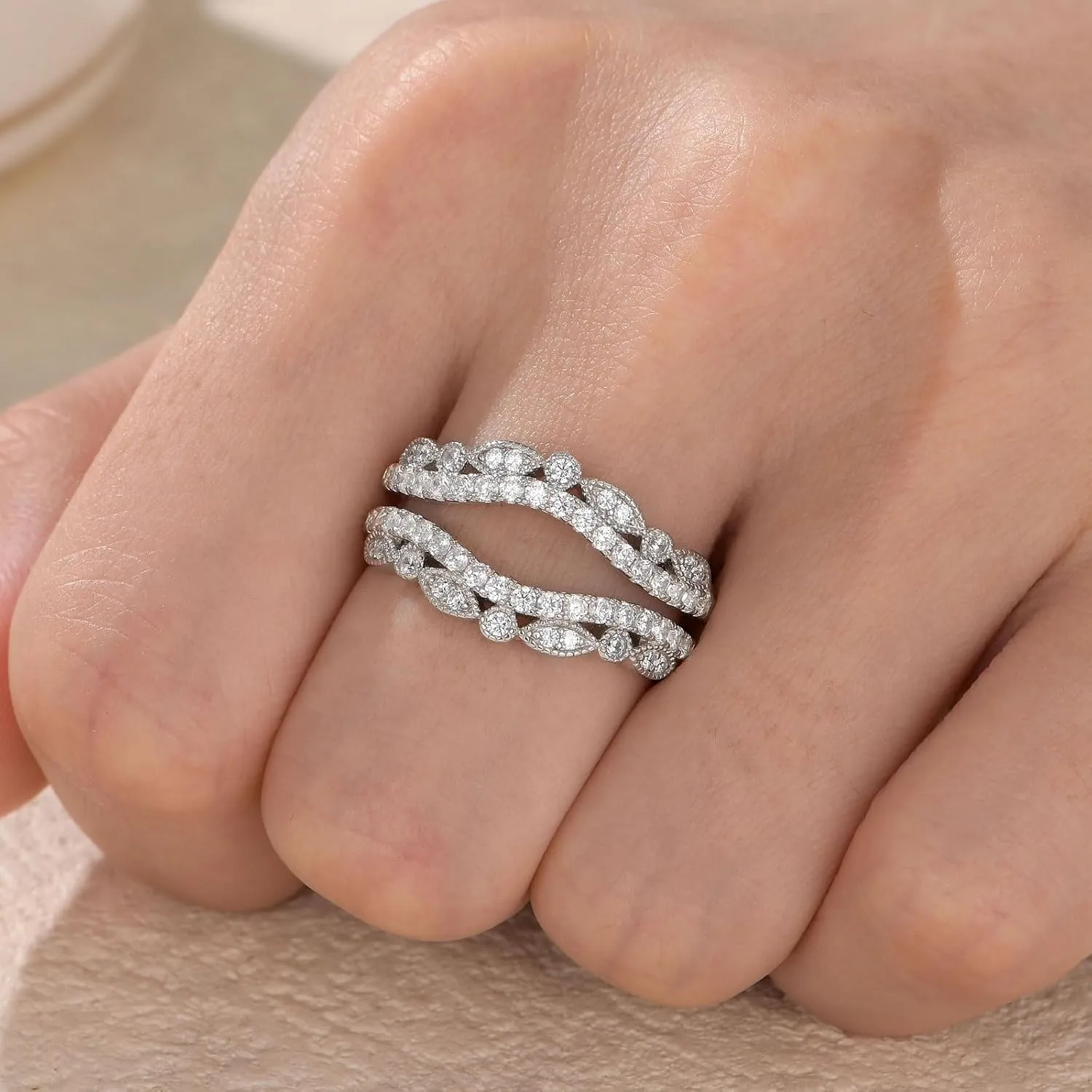 Wuziwen Vintage Wedding Bands for Women Curved Ring Enhancer for Engagement Rings Guard Wrap Stackable 925 Sterling Silver Cubic Zirconia
