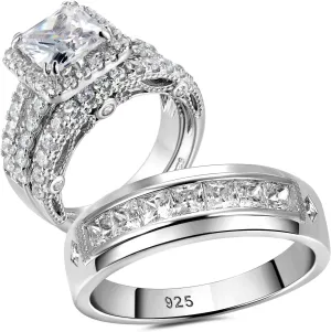 Wuziwen Wedding Wedding Ring Sets for Him and Her Set Princess Promise Ring for Couples Cubic Zirconia Sterling Silver Engagement