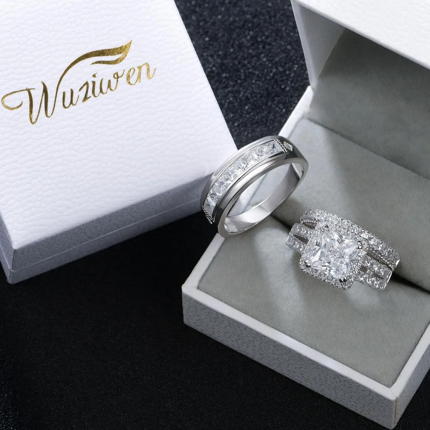 Wuziwen Wedding Wedding Ring Sets for Him and Her Set Princess Promise Ring for Couples Cubic Zirconia Sterling Silver Engagement