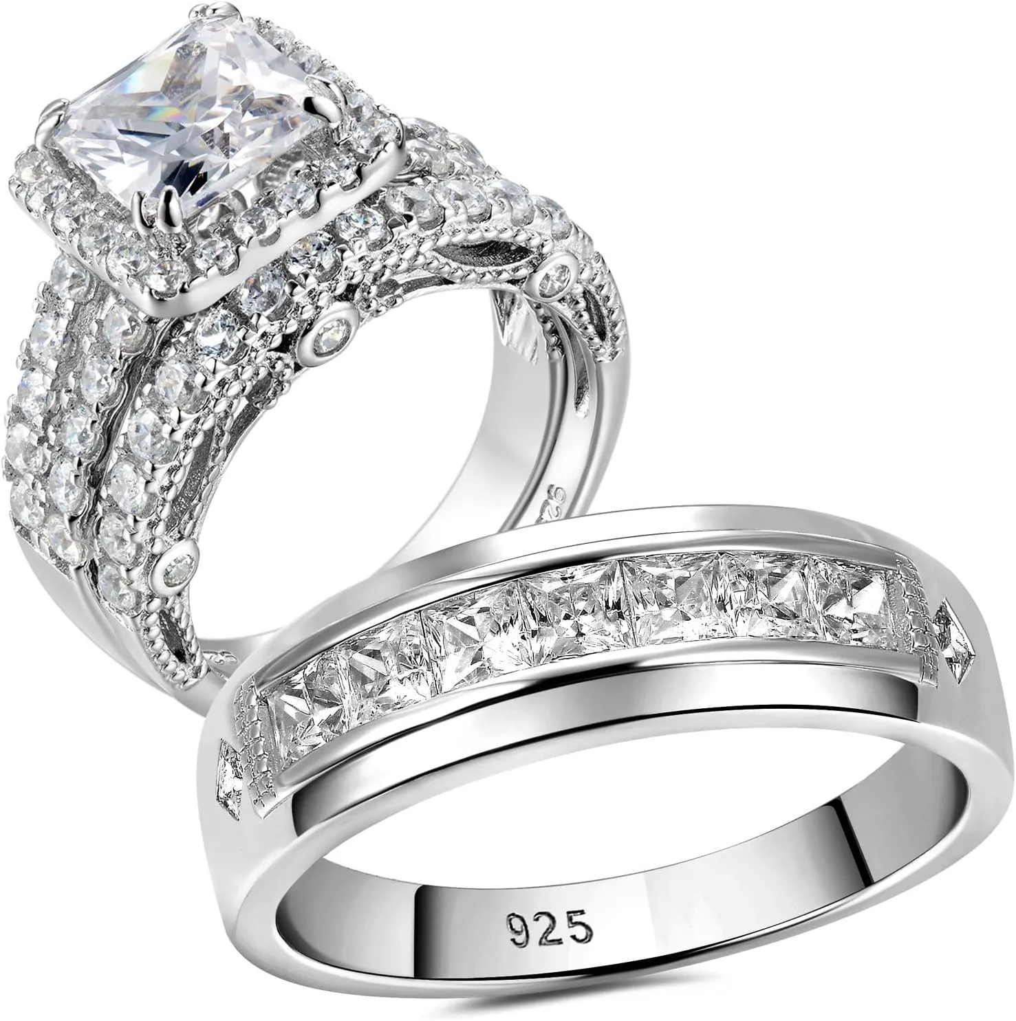 Wuziwen Wedding Wedding Ring Sets for Him and Her Set Princess Promise Ring for Couples Cubic Zirconia Sterling Silver Engagement