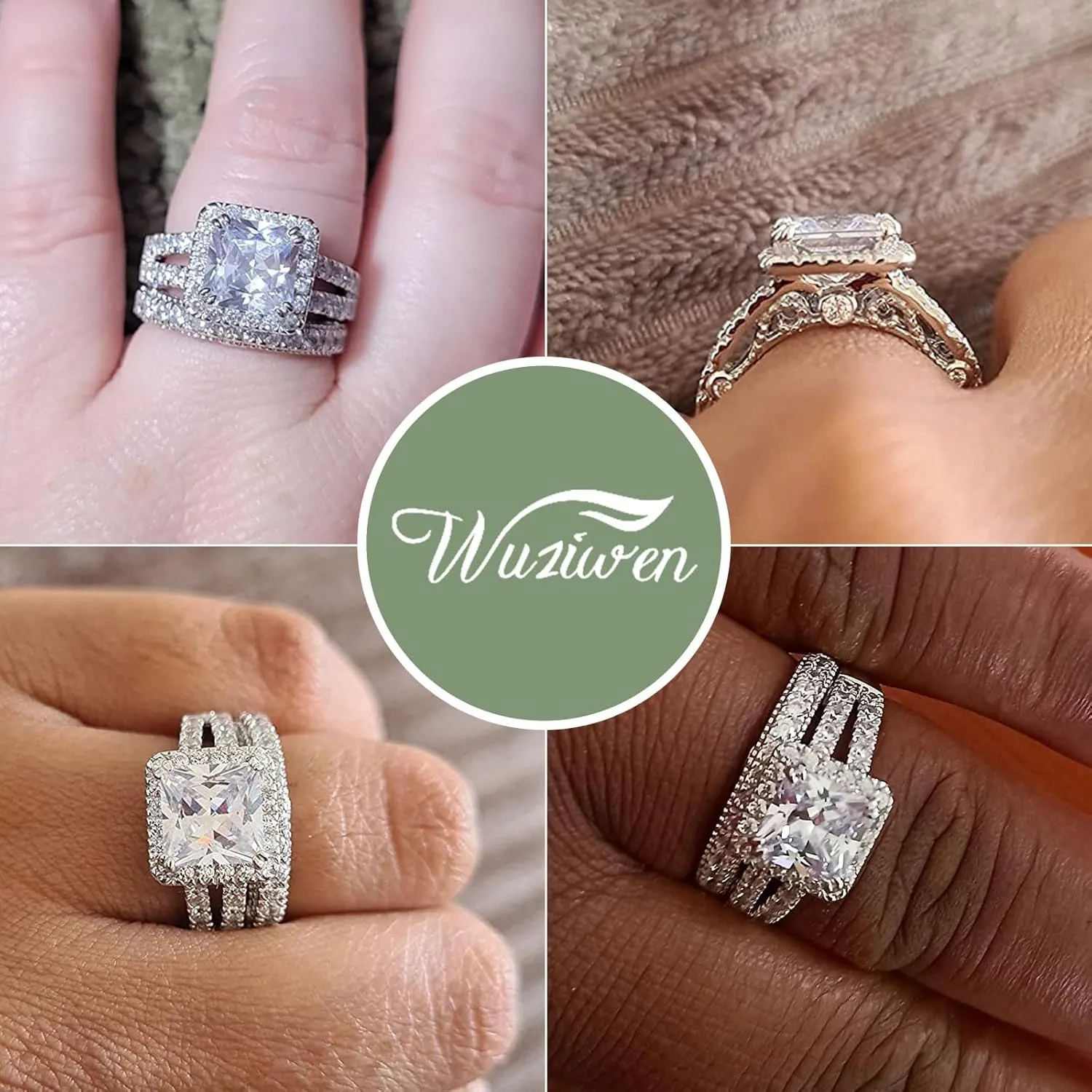 Wuziwen Wedding Wedding Ring Sets for Him and Her Set Princess Promise Ring for Couples Cubic Zirconia Sterling Silver Engagement