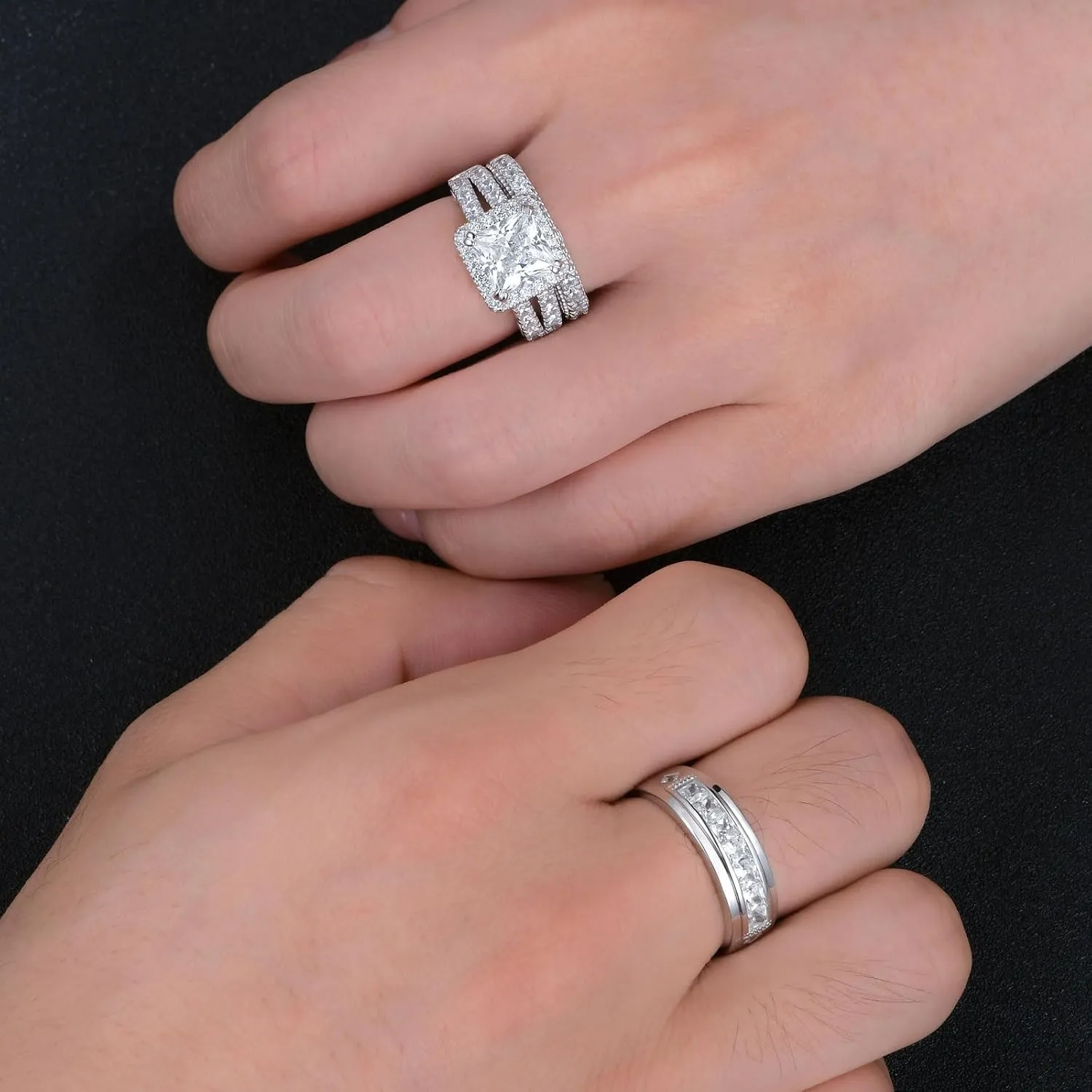 Wuziwen Wedding Wedding Ring Sets for Him and Her Set Princess Promise Ring for Couples Cubic Zirconia Sterling Silver Engagement