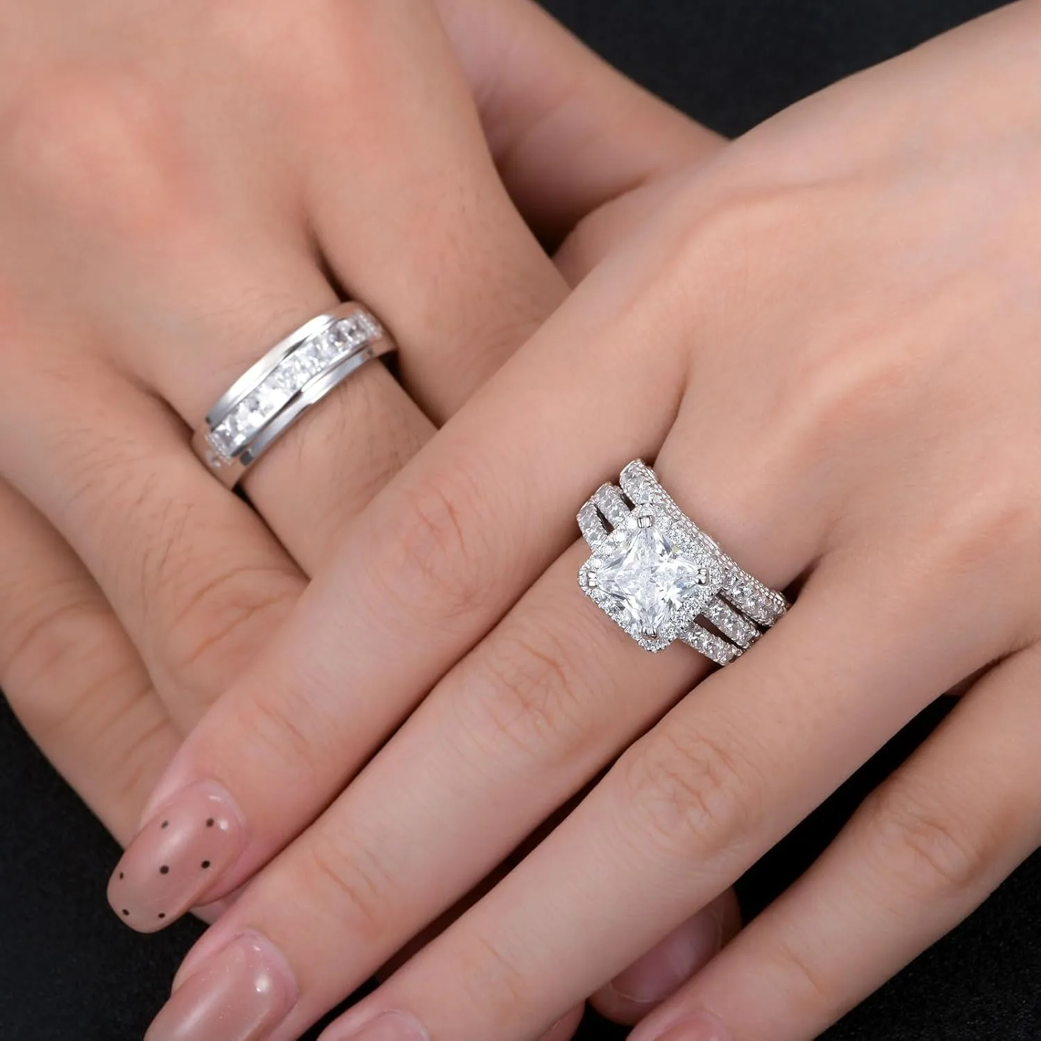 Wuziwen Wedding Wedding Ring Sets for Him and Her Set Princess Promise Ring for Couples Cubic Zirconia Sterling Silver Engagement