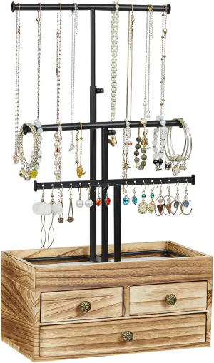 X-cosrack Jewelry Tree Stand Organizer 3 Tier Metal Jewelry Holder Stand with Wood Basic Storage Box, Adjustable Height Holder Display for Necklaces Earrings Bracelets and Rings, Carbonized Black
