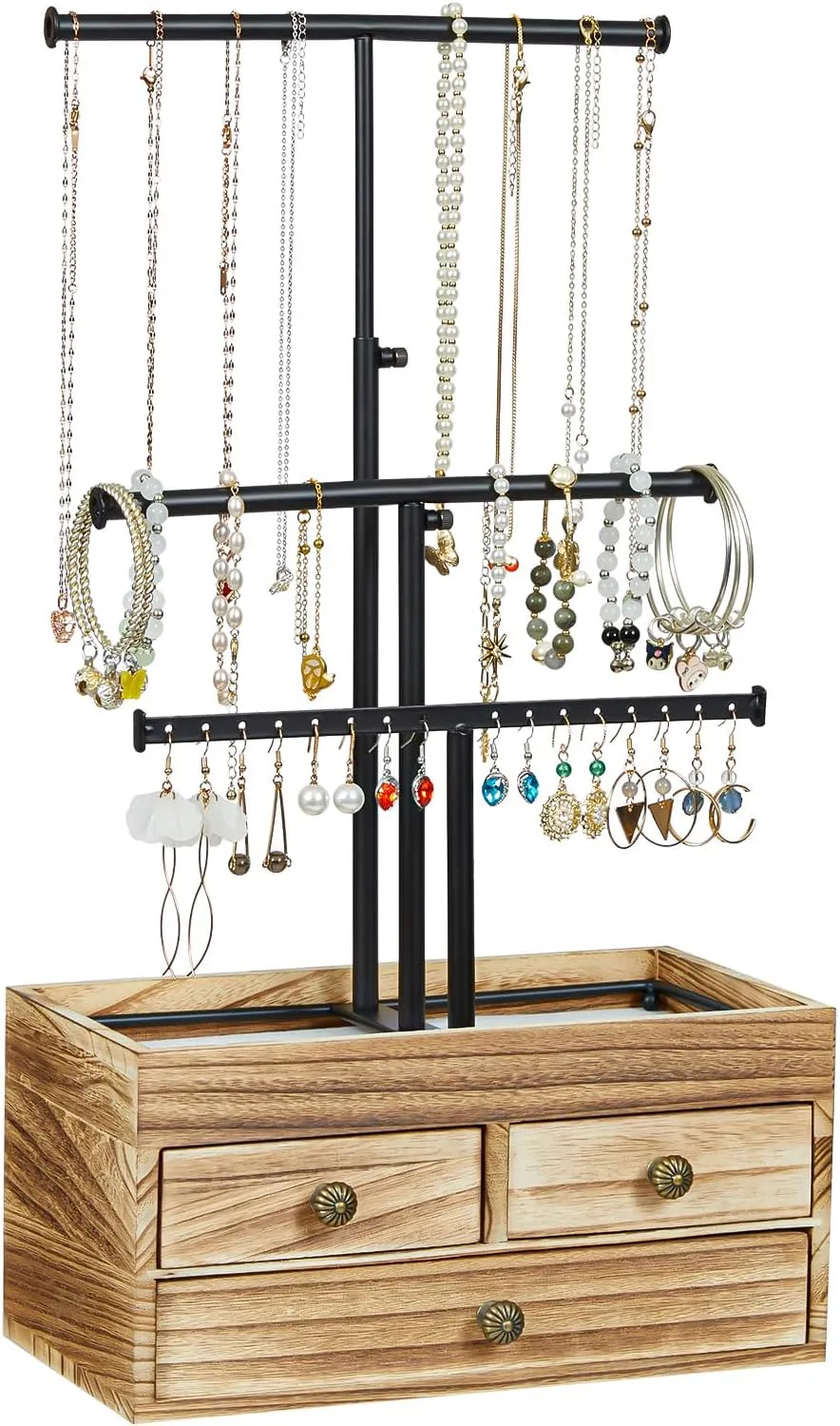 X-cosrack Jewelry Tree Stand Organizer 3 Tier Metal Jewelry Holder Stand with Wood Basic Storage Box, Adjustable Height Holder Display for Necklaces Earrings Bracelets and Rings, Carbonized Black