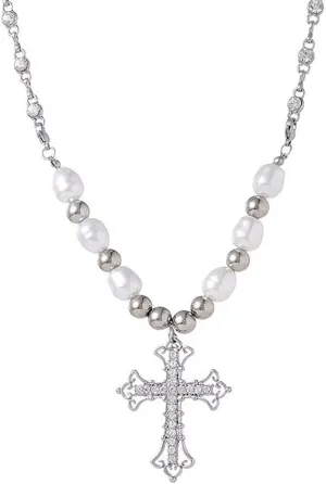 Y2k Pearl Cross Necklace Coquette Aesthetic Baddie Irregular Pearl Crystal Cross Chain Necklace Cool Punk Vintage Jeweley for Women