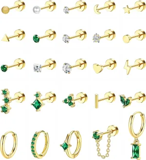 YADOCA 25pcs Hypoallergenic Flat Back Earrings 20G Cartilage Tragus Conch Piercing Jewelry Surgical Stainless Steel Flatback Stud Earrings For Women Small Hoop Earring Set for Multiple Piercing Gold/Silver(    )
