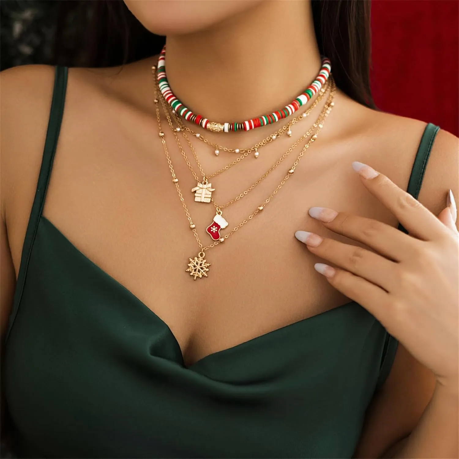 YBMYCM Christmas Necklaces Cute Santa Claus Jingle Bell Snow Christmas Tree Multi Layer Choker Necklace for Christmas Party Holiday Gift