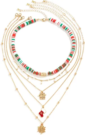 YBMYCM Christmas Necklaces Cute Santa Claus Jingle Bell Snow Christmas Tree Multi Layer Choker Necklace for Christmas Party Holiday Gift