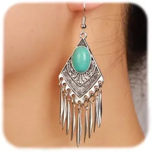 YERTTER Vintage Silver Ethnic Style Turquoise Dangle Earrings Bohemian Long Tassel Earrings Water Drop earrings for Women (Style 5)