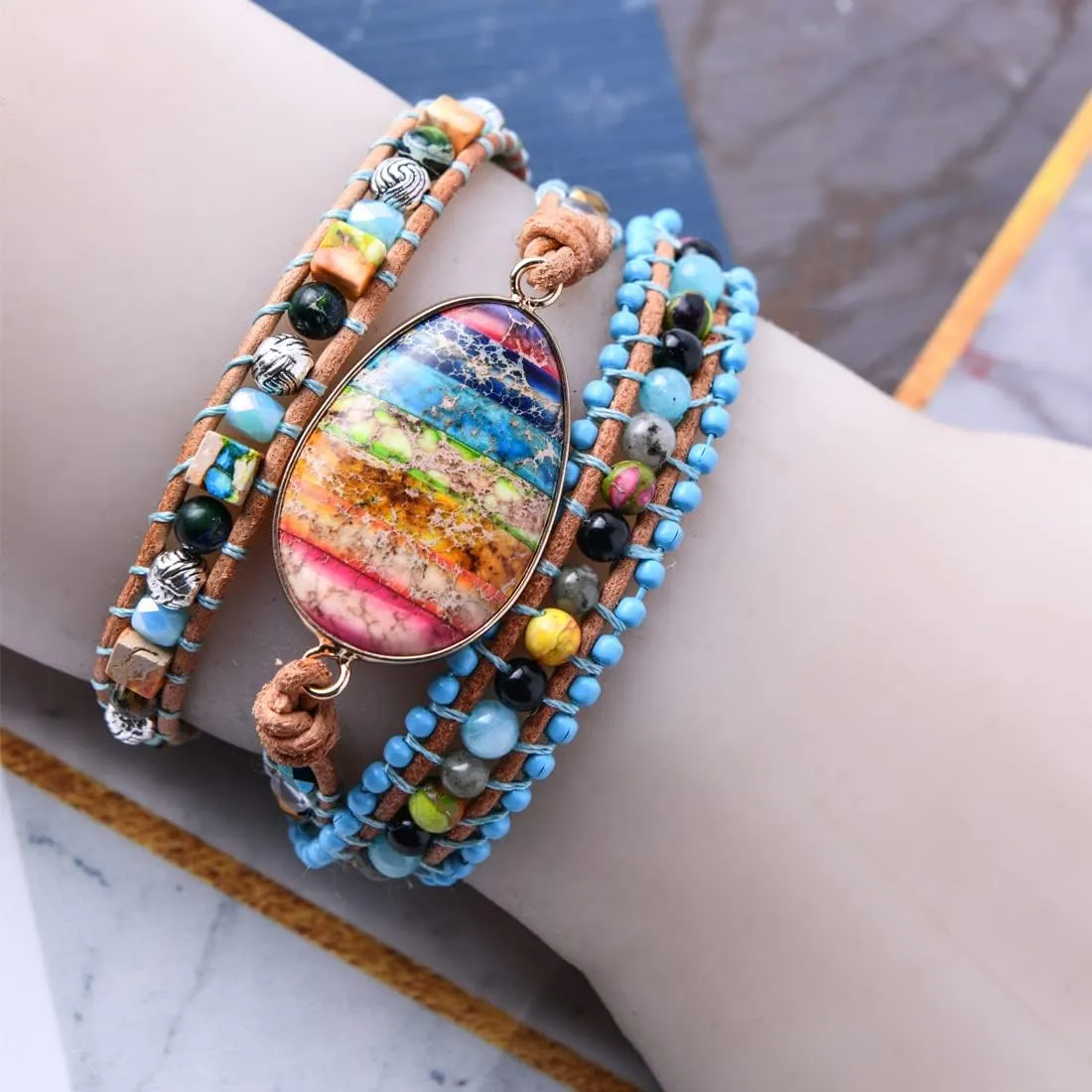 YGLINE Boho Handmade Natural Stone Wrap Bracelets Jasper Crystal Beads Bracelet Jewelry