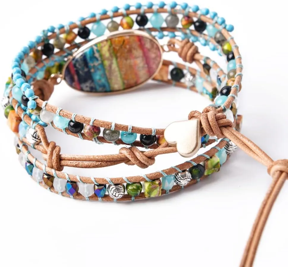 YGLINE Boho Handmade Natural Stone Wrap Bracelets Jasper Crystal Beads Bracelet Jewelry