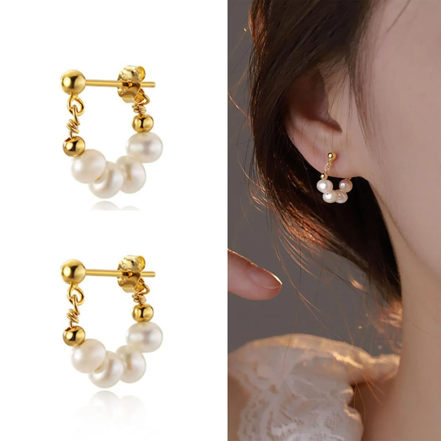 YienDoo Pearl Huggie Hoop Drop Earrings Gold Pierced Pearl Ear Cuff Lightweight Baroque Pearl Bead Dangle Earrings Statement Wedding Prom Pearl Wrap Studs Earrings Jewelry for Women