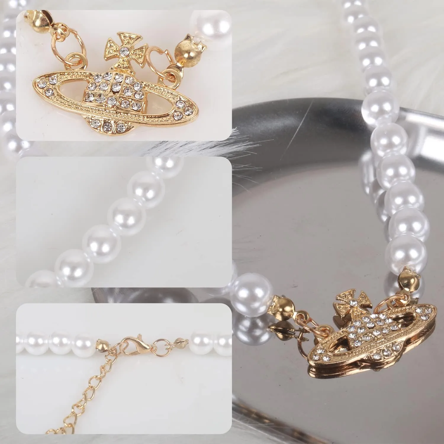 Yunison Pearl Saturn Necklace Rhinestone Pendant Planet Choker Retro Jewelry for Women Birthday Party Anniversary