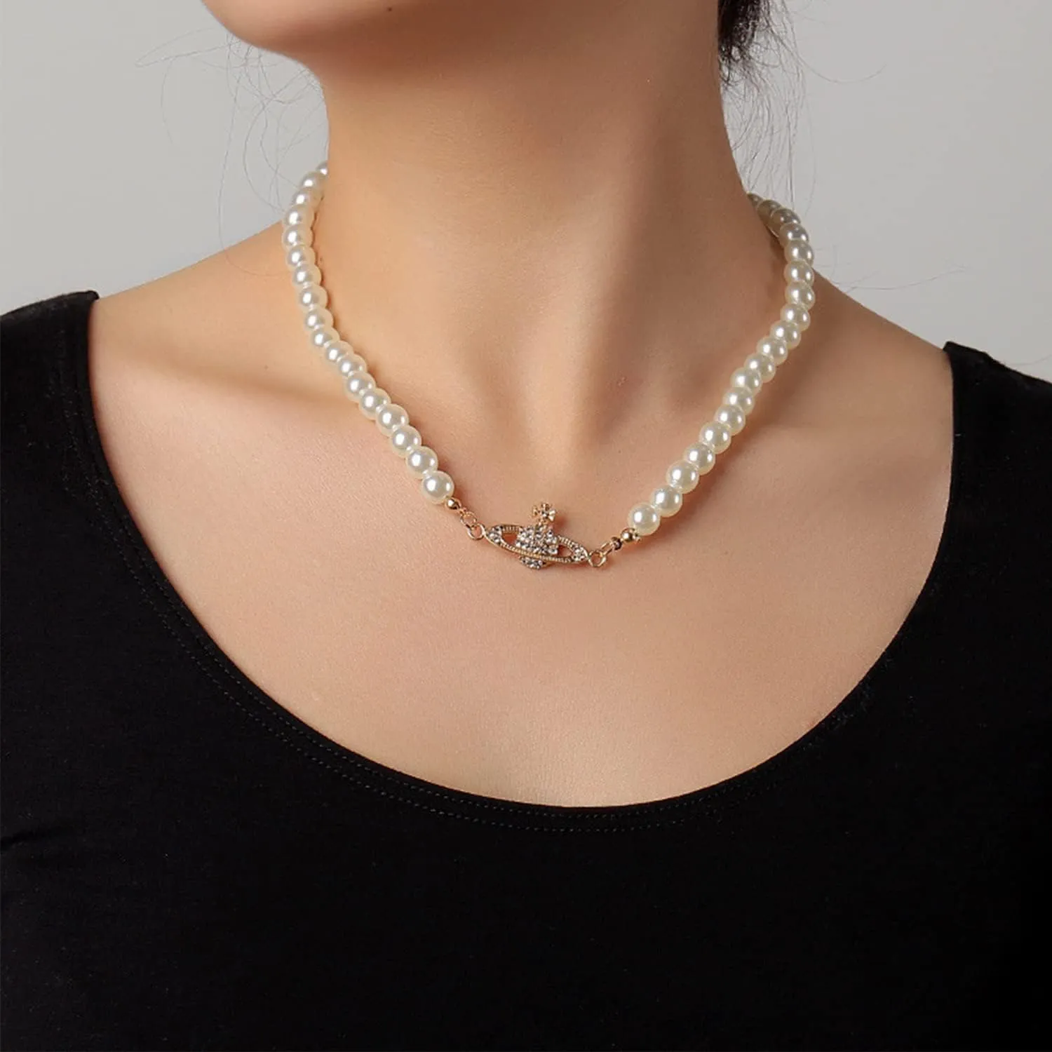 Yunison Pearl Saturn Necklace Rhinestone Pendant Planet Choker Retro Jewelry for Women Birthday Party Anniversary