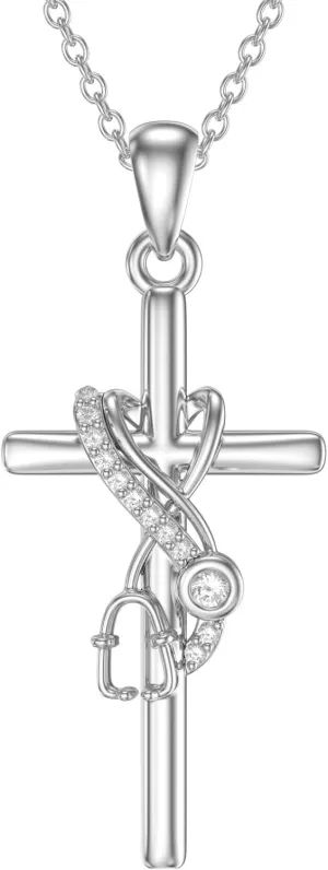 ZBA Natural Diamond Stethoscope Necklaces for Nurse Dorctor 18K White Gold Plated S925 Sterling Silver Nursing Jewelry Graduation Gifts for Women 20inches (F-G,I1-I2)