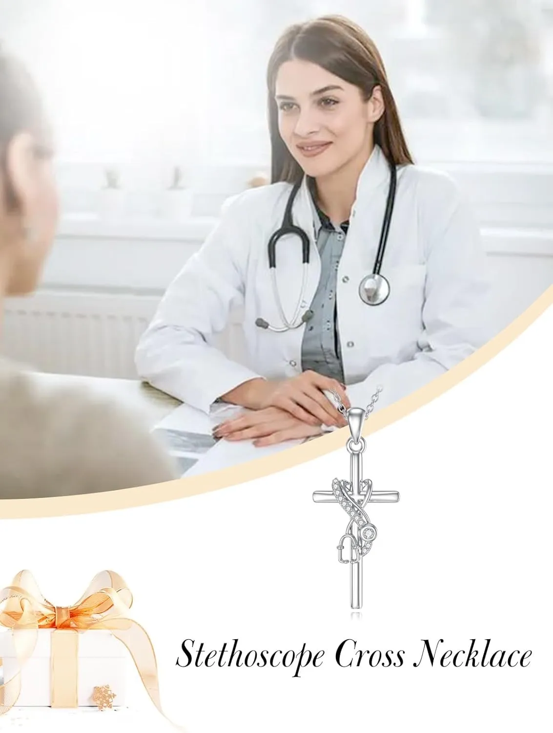 ZBA Natural Diamond Stethoscope Necklaces for Nurse Dorctor 18K White Gold Plated S925 Sterling Silver Nursing Jewelry Graduation Gifts for Women 20inches (F-G,I1-I2)
