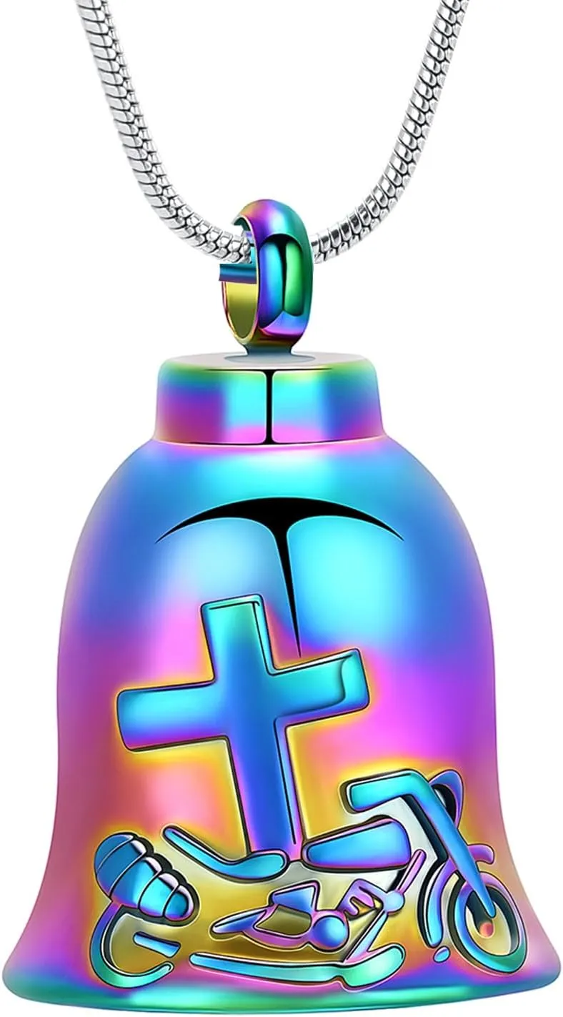 zeqingjw Bell Cremation Jewelry Cross Motorcycle Urn Necklaces for Ashes for Women Men Memorial Keepsake Necklace of Loved One
