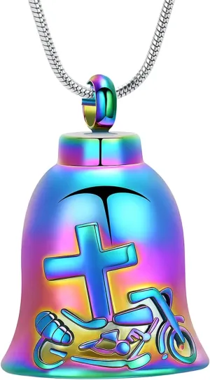 zeqingjw Bell Cremation Jewelry Cross Motorcycle Urn Necklaces for Ashes for Women Men Memorial Keepsake Necklace of Loved One