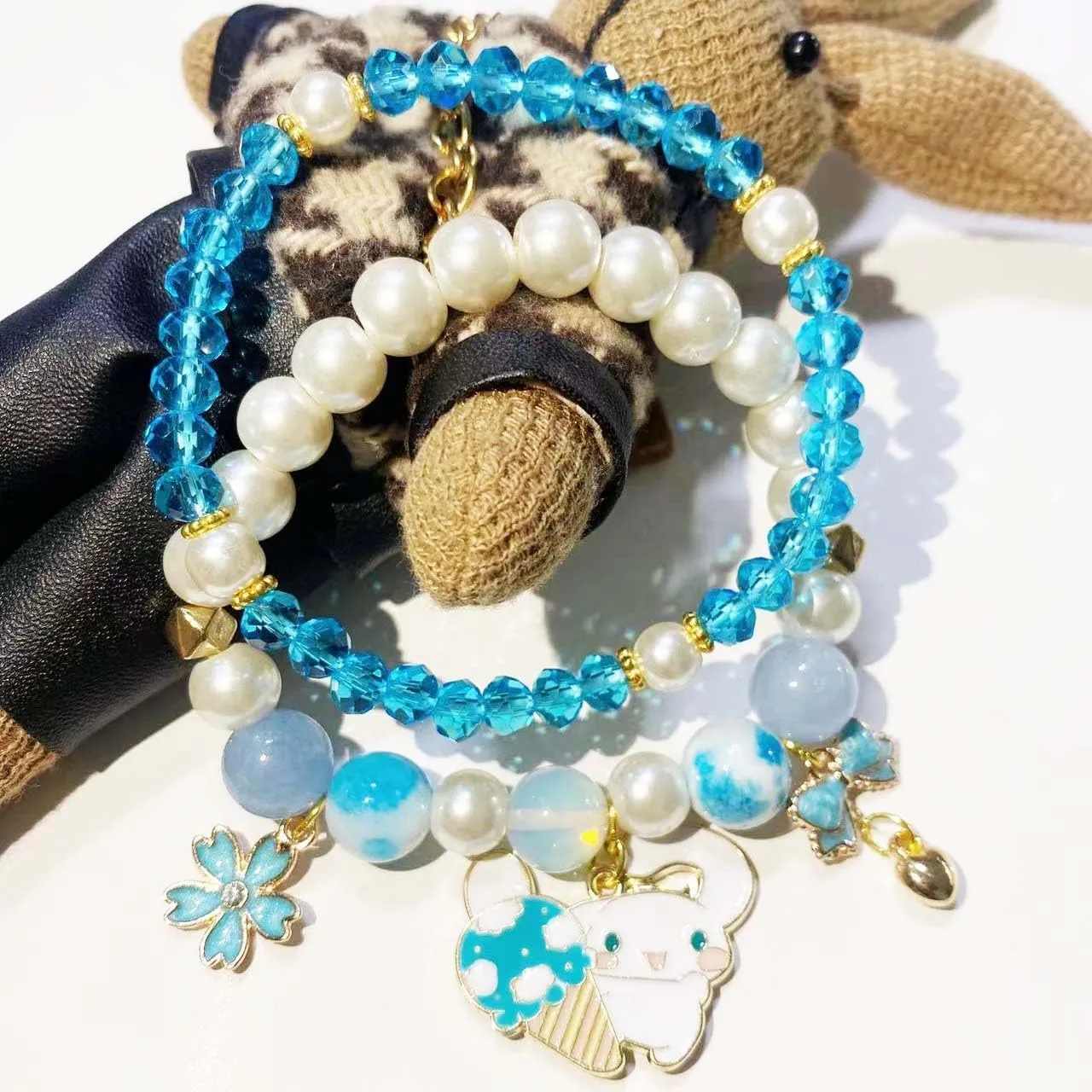 ZMANYIJEW Crystal Beads Pearl Bracelet Cute Cartoon Elastic Beaded Bracelets for Women