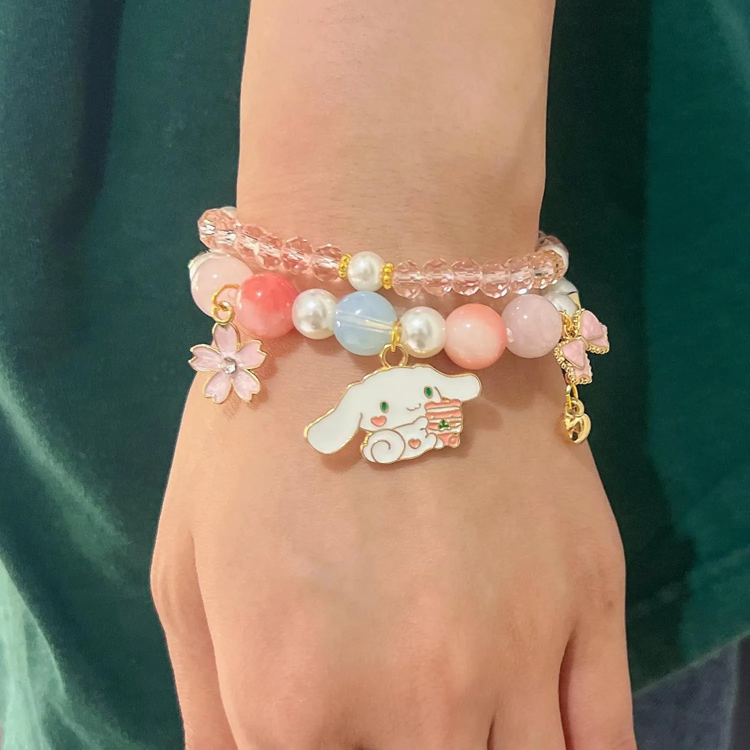 ZMANYIJEW Crystal Beads Pearl Bracelet Cute Cartoon Elastic Beaded Bracelets for Women