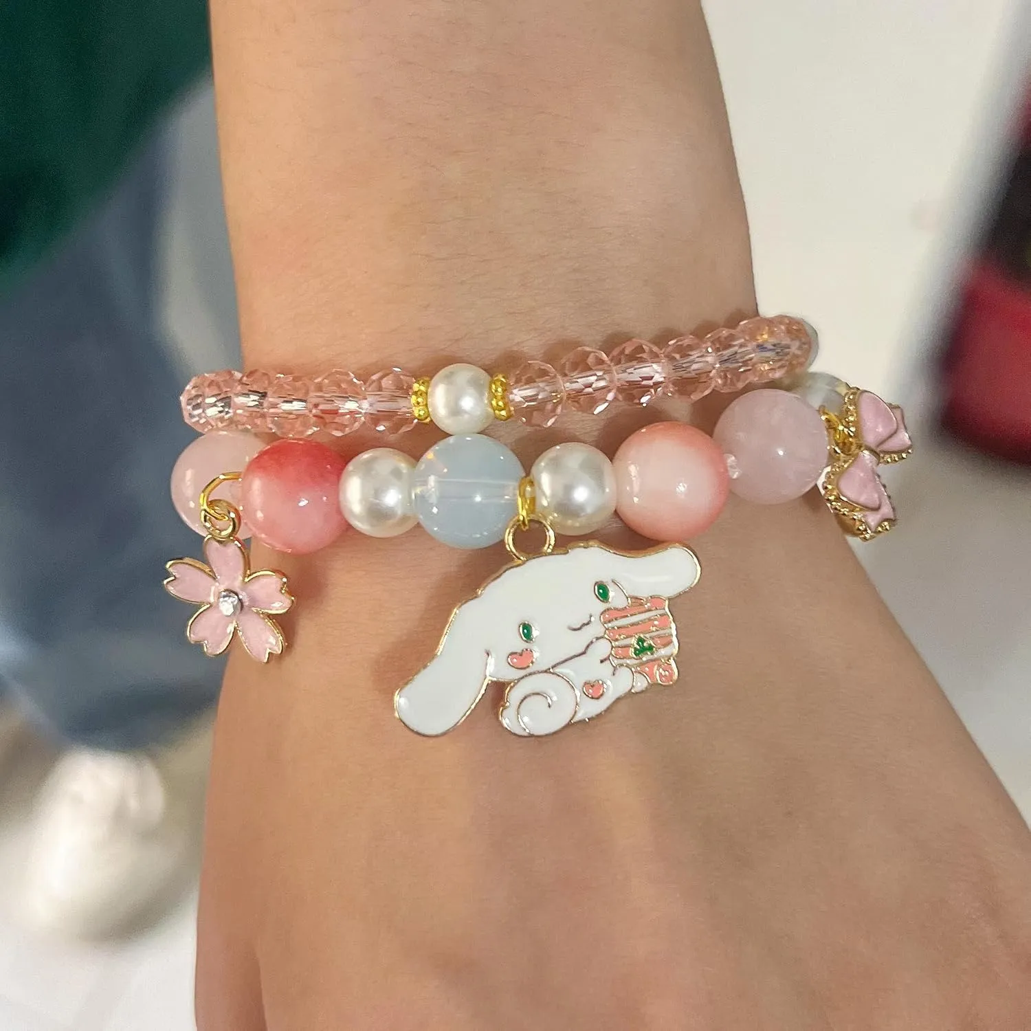 ZMANYIJEW Crystal Beads Pearl Bracelet Cute Cartoon Elastic Beaded Bracelets for Women