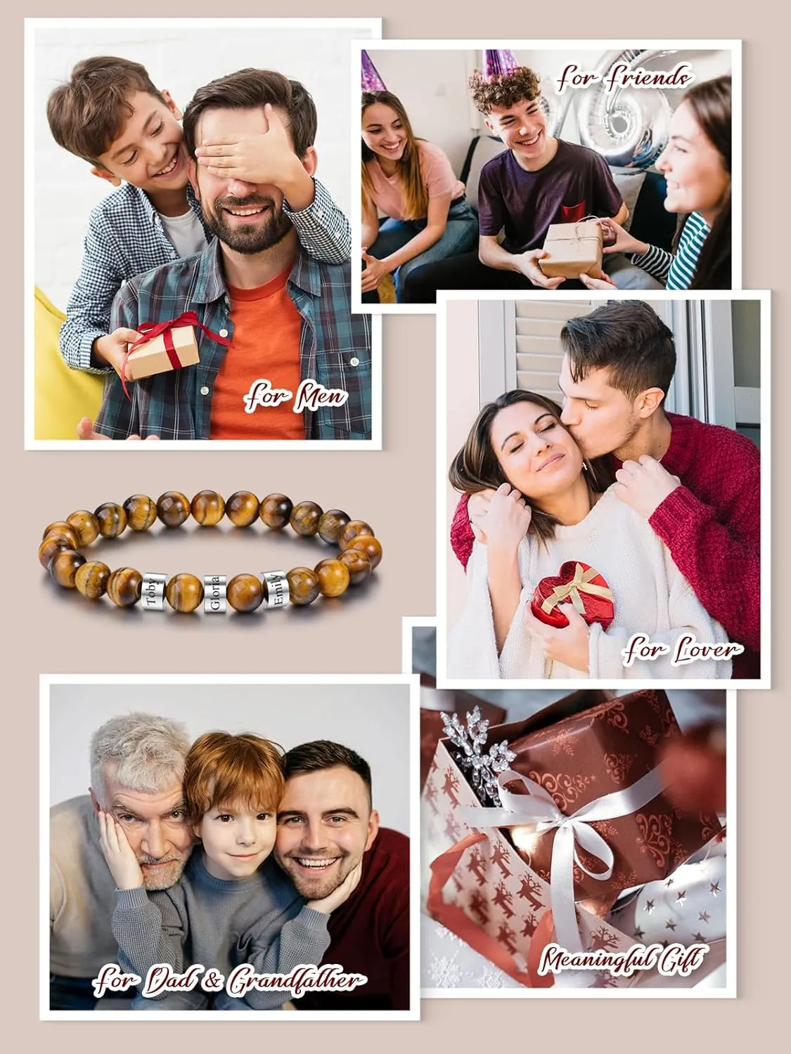 Zysta Personalized Beads Bracelets for Men Customized Tiger Eye Stone Beads Bracelet with 1-5 Names Custom Initial Name Chakra Stone Bracelet Custom ID Family Names Jewelry for Men Women