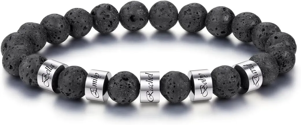 Zysta Personalized Beads Bracelets for Men Customized Tiger Eye Stone Beads Bracelet with 1-5 Names Custom Initial Name Chakra Stone Bracelet Custom ID Family Names Jewelry for Men Women
